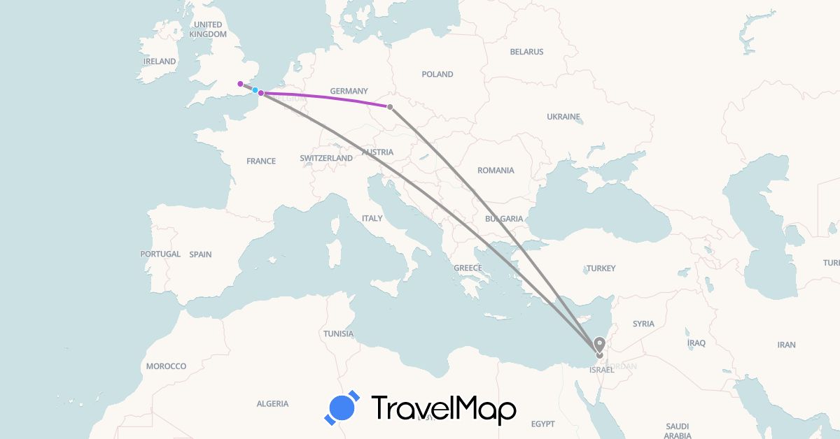 TravelMap itinerary: driving, plane, train, boat in Czech Republic, France, United Kingdom, Israel (Asia, Europe)